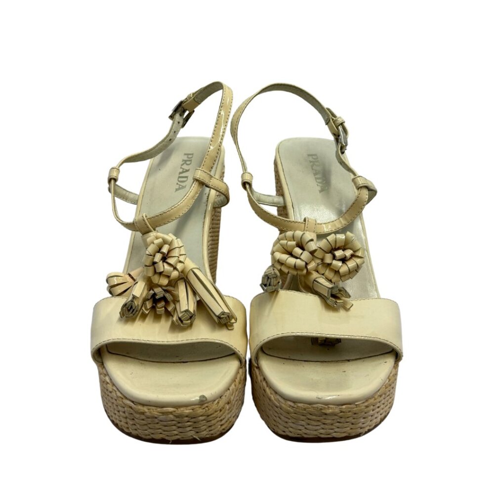 Prada Flower Patent Leather Woven Wedges - Picture 2 of 7